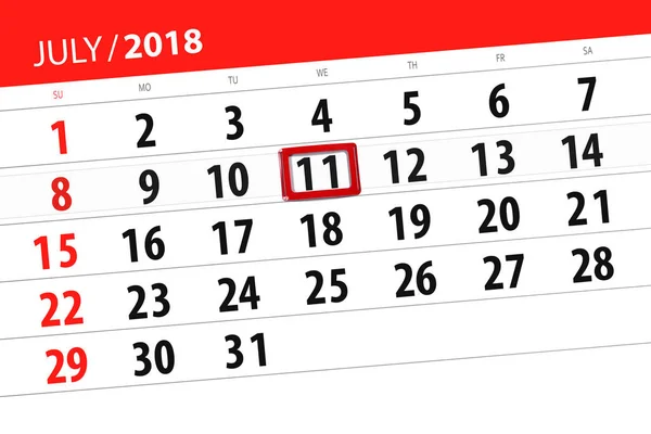 Calendário planejador para o mês, data limite do dia da semana, quarta-feira, 2018 julho 11 — Fotografia de Stock