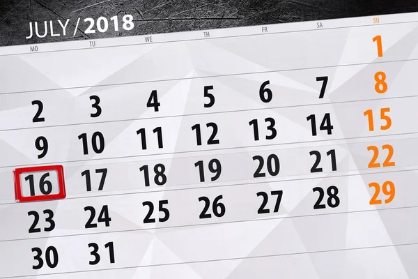 Планировщик календаря на месяц, крайний срок недели, понедельник 2018 года 16 июля — стоковое фото
