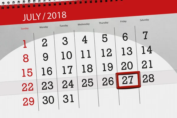 Kalender planner för månaden, deadline dagen i veckan, fredag, 27 juli 2018 — Stockfoto