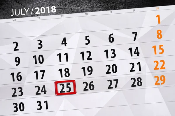 Calendário planejador para o mês, data limite do dia da semana, quarta-feira, 2018 julho 25 — Fotografia de Stock