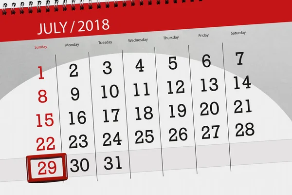 Calendário planejador para o mês, data limite do dia da semana, domingo, 2018 julho 29 — Fotografia de Stock