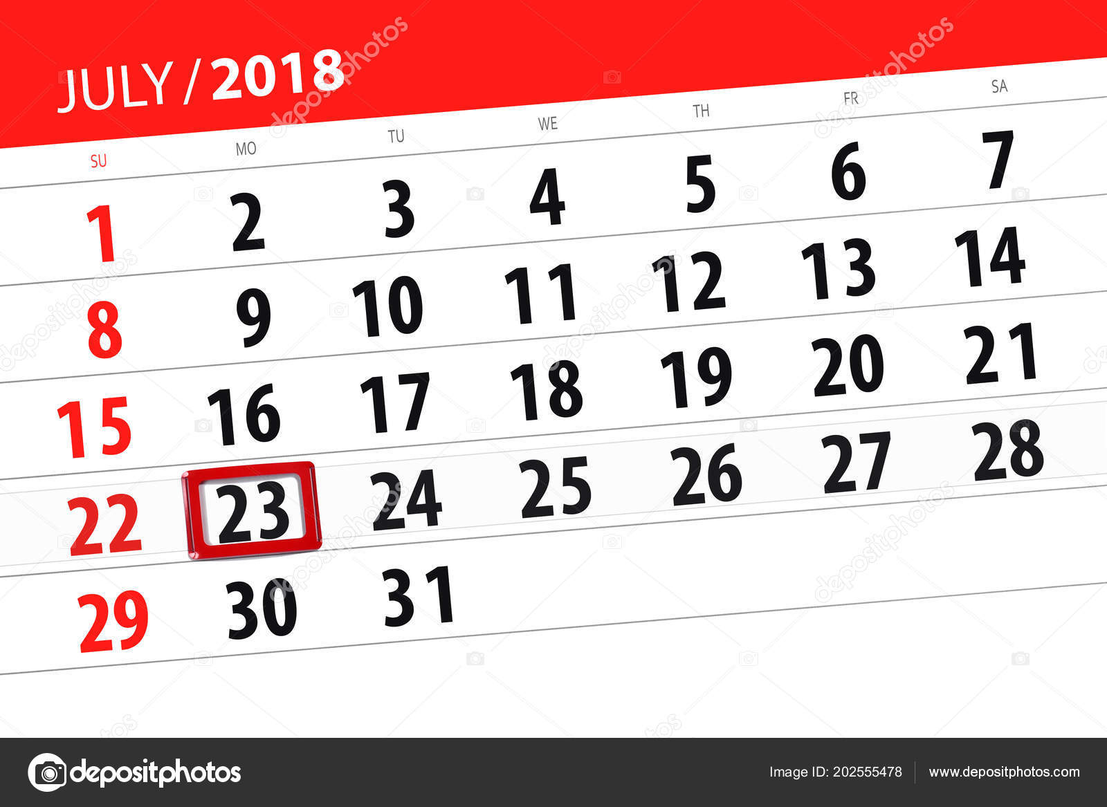 Calendar planner for the month, deadline day of the week, monday, 2018