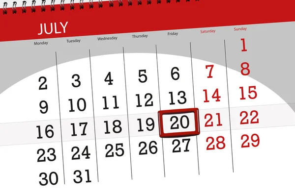 Calendário planejador para o mês, data limite do dia da semana, sexta-feira, 2018 julho 20 — Fotografia de Stock
