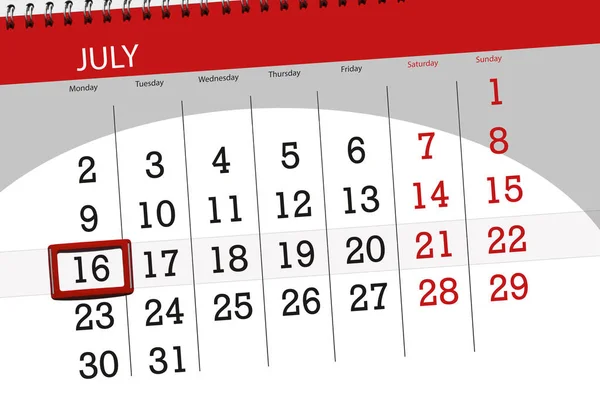 日历规划器的月份, 截止日的一周, 星期一, 2018 7月16日 — 图库照片