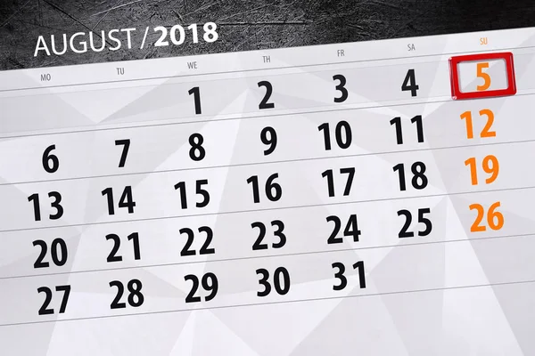 Takvim Planlayıcısı ayın son günü haftanın 2018 Ağustos 5, Pazar — Stok fotoğraf