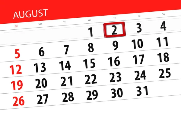 Calendário planejador para o mês, data limite do dia da semana, 2018 agosto 2, quinta-feira — Fotografia de Stock