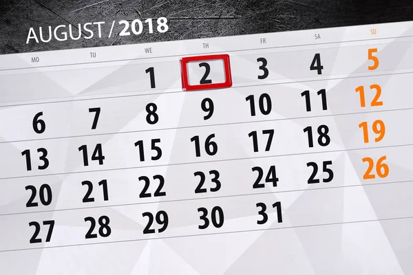 Planner kalendarz dla miesiąca, termin dnia tygodnia, 2018 2 sierpnia, czwartek — Zdjęcie stockowe