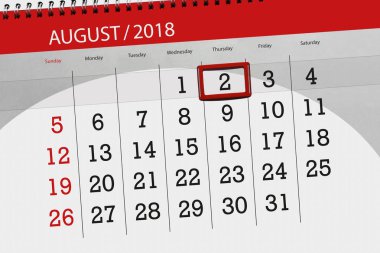 Takvim Planlayıcısı ayın son günü Perşembe hafta, 2018 Ağustos 2,