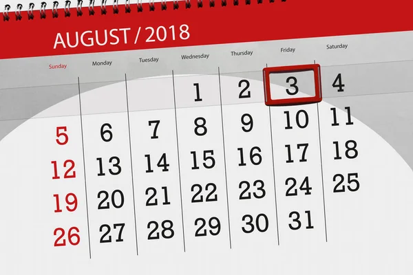 Planner kalendarz na miesiąc, dni tygodnia, 2018 sierpień, 3, piątek — Zdjęcie stockowe