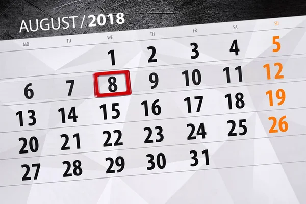 Calendário planejador para o mês, data limite do dia da semana, 2018 agosto, 8, quarta-feira — Fotografia de Stock