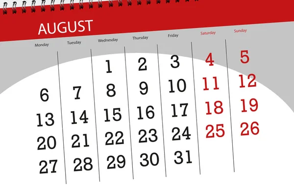 Calendar planner for the month, deadline day of the week, 2018 august