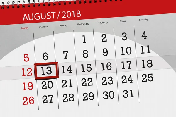 Calendrier planificateur pour le mois, date limite de la semaine, 2018 août, 13, lundi — Photo