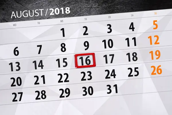 Calendário planejador para o mês, data limite do dia da semana, 2018 agosto, 16, quinta-feira — Fotografia de Stock