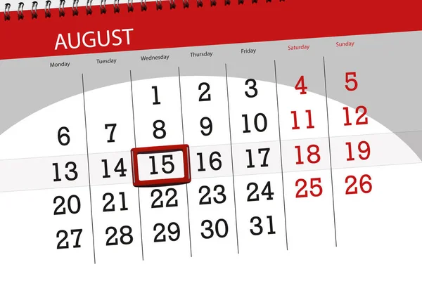 Calendário planejador para o mês, data limite do dia da semana, 2018 agosto, 15, quarta-feira — Fotografia de Stock