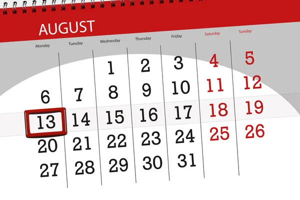 Calendário planejador para o mês, data limite do dia da semana, 2018 agosto, 13, segunda-feira — Fotografia de Stock