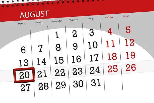 月、週、2018、8 月の締め切りの日のカレンダー プランナー 20 (月曜日) — ストック写真