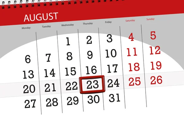 Calendário planejador para o mês, data limite do dia da semana, 2018 agosto, 23, quinta-feira — Fotografia de Stock