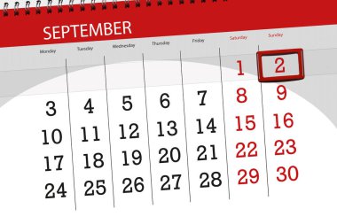 Ayın son günü haftanın 2018, 2 Eylül, Pazar için Takvim Planlayıcısı