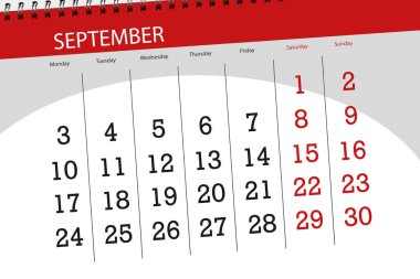 Ayı, haftanın son günü, 2018 Eylül için Takvim Planlayıcısı