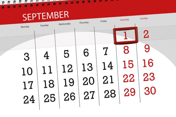 月、週、9 月 1 日 (土) 2018 の締め切りの日のカレンダー プランナー — ストック写真