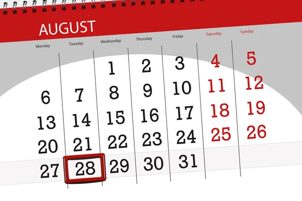 Kalender planner för månaden, deadline dagen i veckan, 2018 augusti, 28, tisdag — Stockfoto