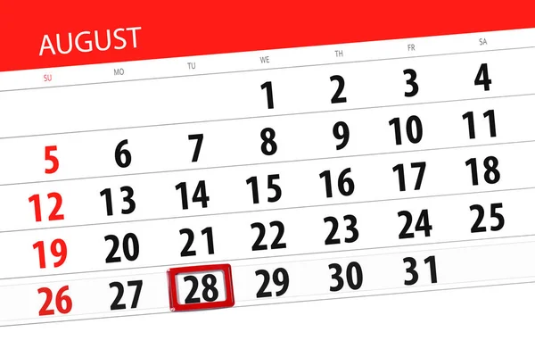 Calendário planejador para o mês, data limite do dia da semana, 2018 agosto, 28, terça-feira — Fotografia de Stock