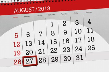 Takvim Planlayıcısı ayın son günü haftanın 2018 Ağustos 27, Pazartesi