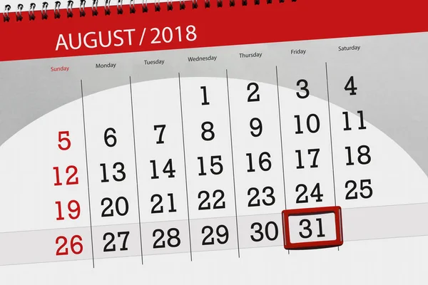 Kalendář planner pro měsíc, termín den v týdnu, 2018 srpen, 31, pátek — Stock fotografie