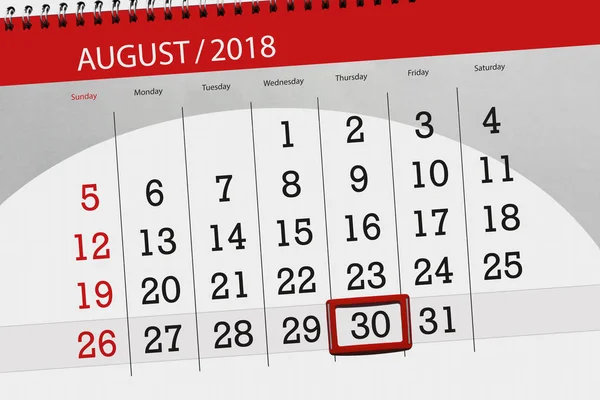 Kalendář planner pro měsíc, termín den v týdnu, 2018 srpen, 30, čtvrtek — Stock fotografie