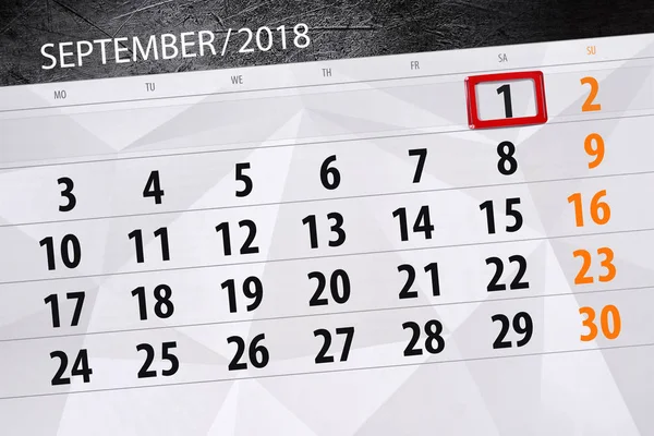 Calendário planejador para o mês, data limite do dia da semana, 2018 setembro, 1, sábado — Fotografia de Stock