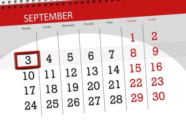 Ayın son günü haftanın 2018, 3 Eylül, Pazartesi için Takvim Planlayıcısı