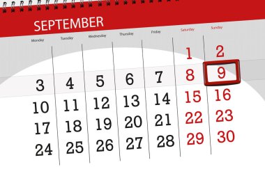 Ayın son günü haftanın 2018, 9 Eylül, Pazar için Takvim Planlayıcısı