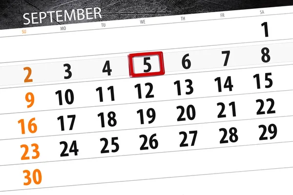Kalendář planner pro měsíc, termín den v týdnu, 2018 5. září, středa — Stock fotografie