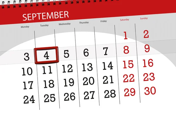 月、週、9 月 4 日、火曜日 2018 の締め切りの日のカレンダー プランナー — ストック写真