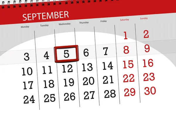 Kalendář planner pro měsíc, termín den v týdnu, 2018 5. září, středa — Stock fotografie