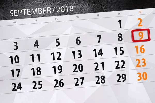 Calendário planejador para o mês, data limite do dia da semana, 2018 setembro, 9, domingo — Fotografia de Stock