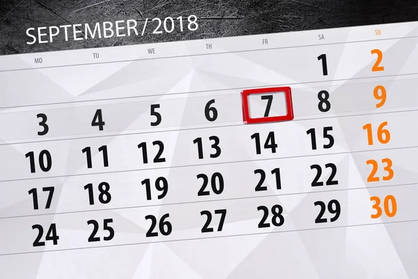 Calendário planejador para o mês, data limite do dia da semana, 2018 setembro, 7, sexta-feira — Fotografia de Stock