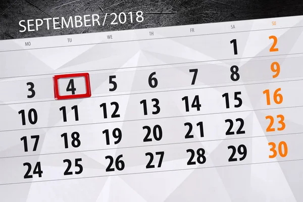 日历规划器的月份, 截止日的一周, 2018 9月, 4, 星期二 — 图库照片