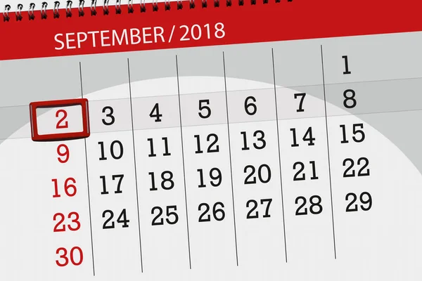 Calendário planejador para o mês, data limite do dia da semana, 2018 setembro, 2, domingo — Fotografia de Stock