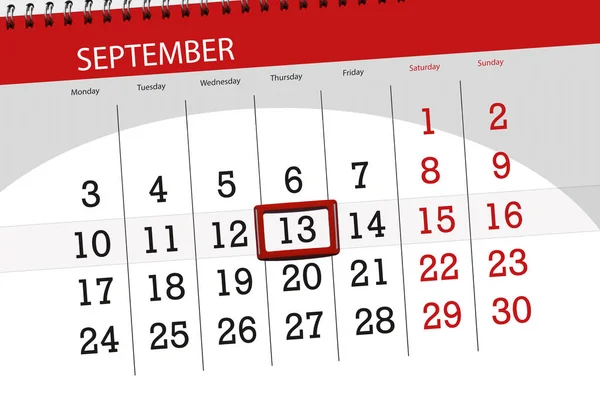 月、週、2018 9 月、13 日木曜日の締め切りの日のカレンダー プランナー — ストック写真
