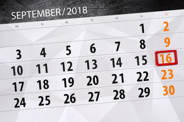 Calendário planejador para o mês, data limite do dia da semana, 2018 setembro, 16, domingo — Fotografia de Stock