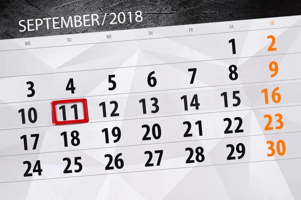 Calendário planejador para o mês, data limite do dia da semana, 2018 setembro, 11, terça-feira — Fotografia de Stock