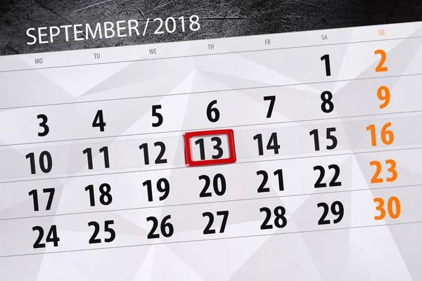 Планировщик календаря на месяц, крайний срок недели, 13 сентября 2018 года, четверг — стоковое фото
