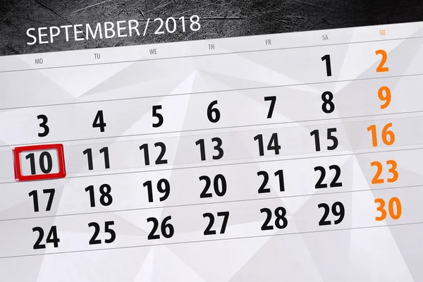 月、週、2018 9 月 10 日、月曜日の締め切りの日のカレンダー プランナー — ストック写真