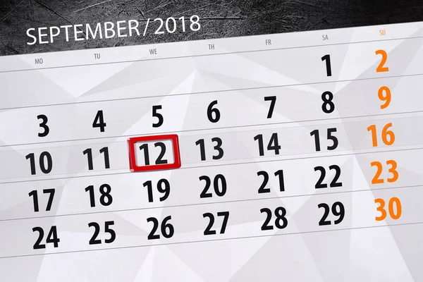 Calendário planejador para o mês, data limite do dia da semana, 2018 setembro, 12, quarta-feira — Fotografia de Stock
