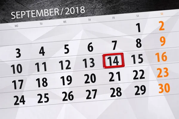 Планировщик календаря на месяц, крайний срок недели, 2018 сентябрь, 14 сентября, пятница — стоковое фото