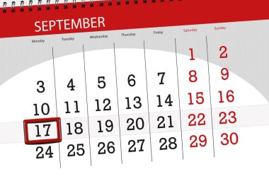 Ayın son günü haftanın 2018, 17 Eylül, Pazartesi için Takvim Planlayıcısı