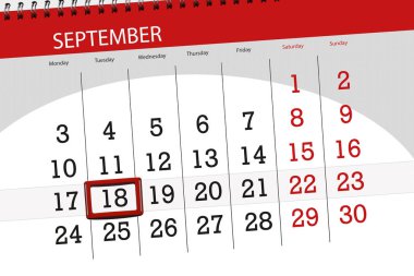 Ay, hafta, 2018, 18 Eylül, Salı gününün son tarih için Takvim Planlayıcısı