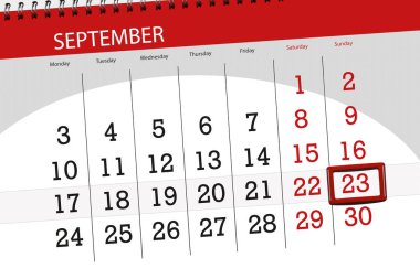 Ayın son günü haftanın 2018, 23 Eylül, Pazar için Takvim Planlayıcısı