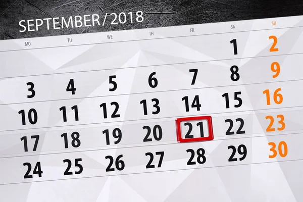 月、週、2018 9 月、21 日金曜日の締め切りの日のカレンダー プランナー — ストック写真